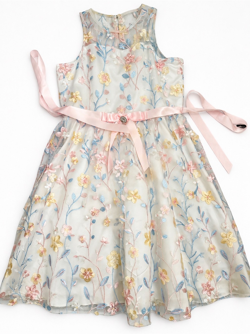 Rare Editions Ivory Floral Embroidered Dress with Pink Sash size 16 girls